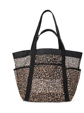 No Boundaries Leopard-Pattern Mesh Tote with Black Straps outter / inner pockets